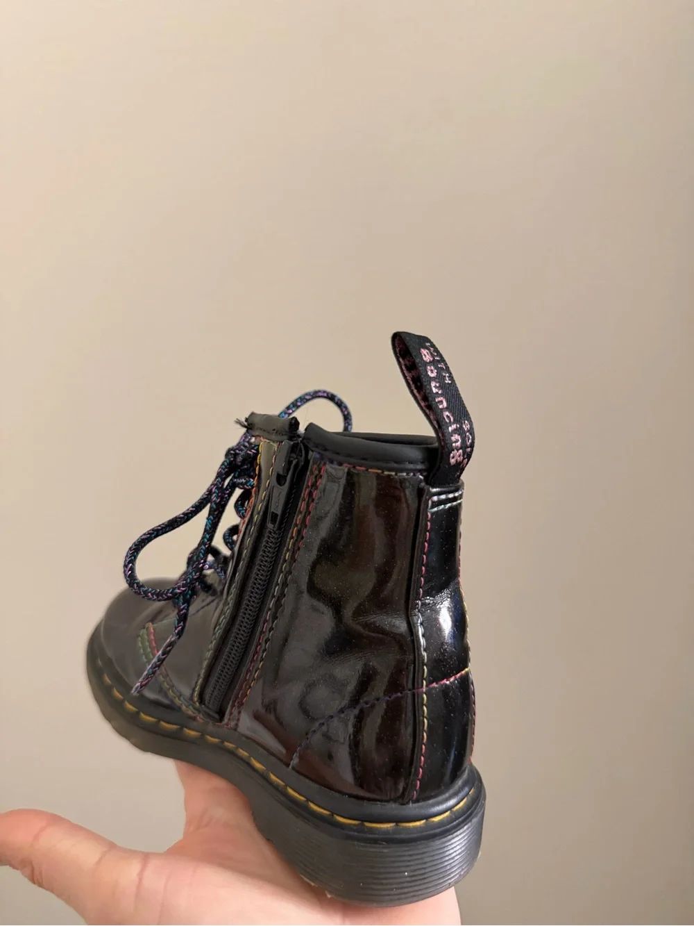 Dr. Martens Kids Black Patent Leather Lace-Up Boot with Rainbow Stitching